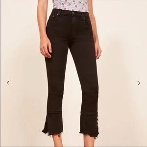 Reformation Black Cropped Jeans with Frayed Flare Hem, Hi-waist stretch, 25-28